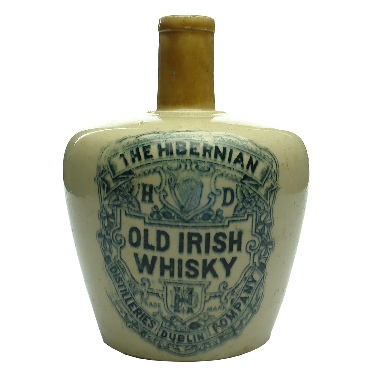 Whisky Jug. Hibernian Distilleries Company Dublin. Tan top. Quart.