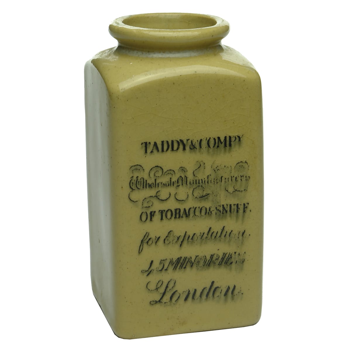 Tobacciana. Taddy & Compy Tobacco & Snuff, London. Square ceramic jar. Small.