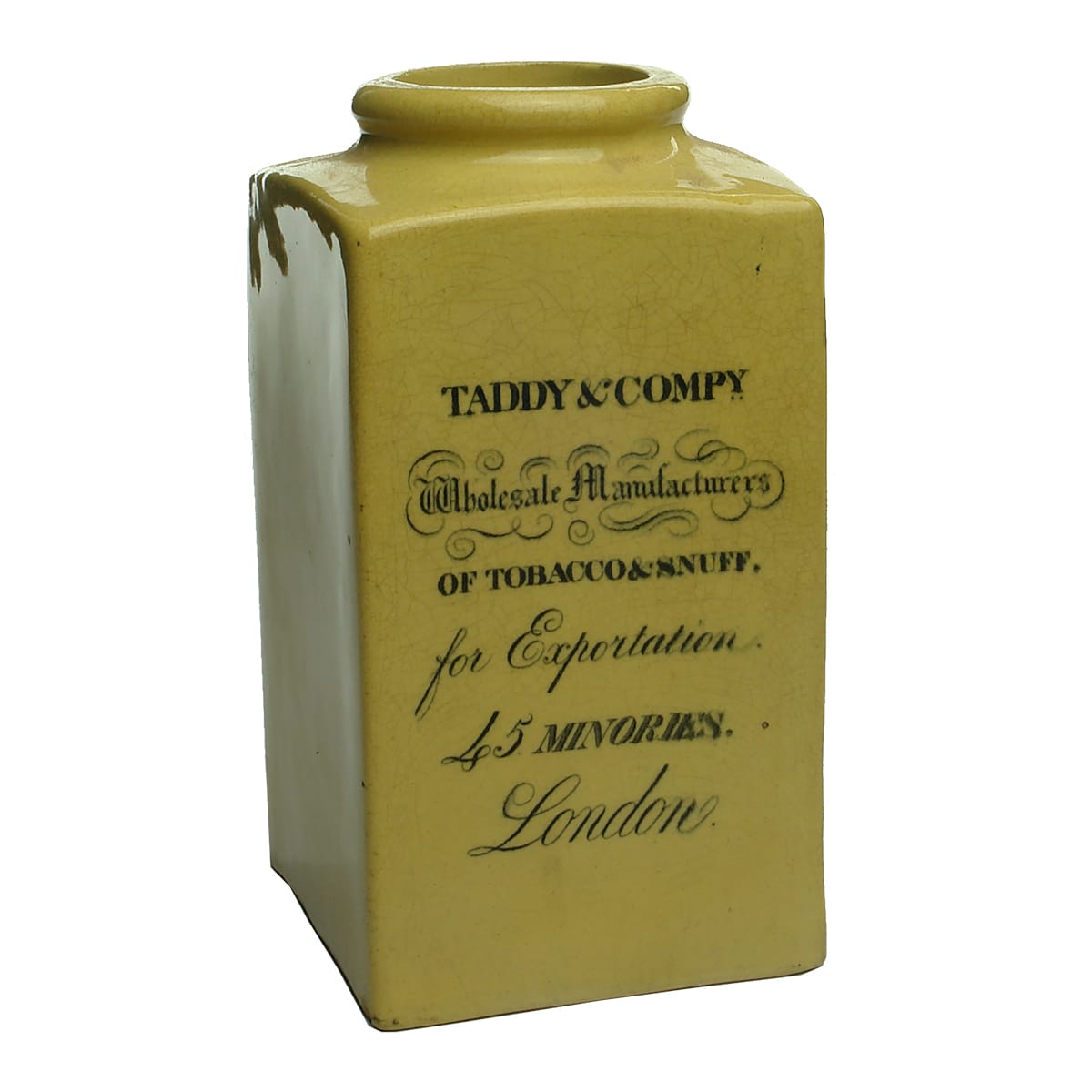 Tobacciana. Taddy & Compy Tobacco & Snuff, London. Square ceramic jar.