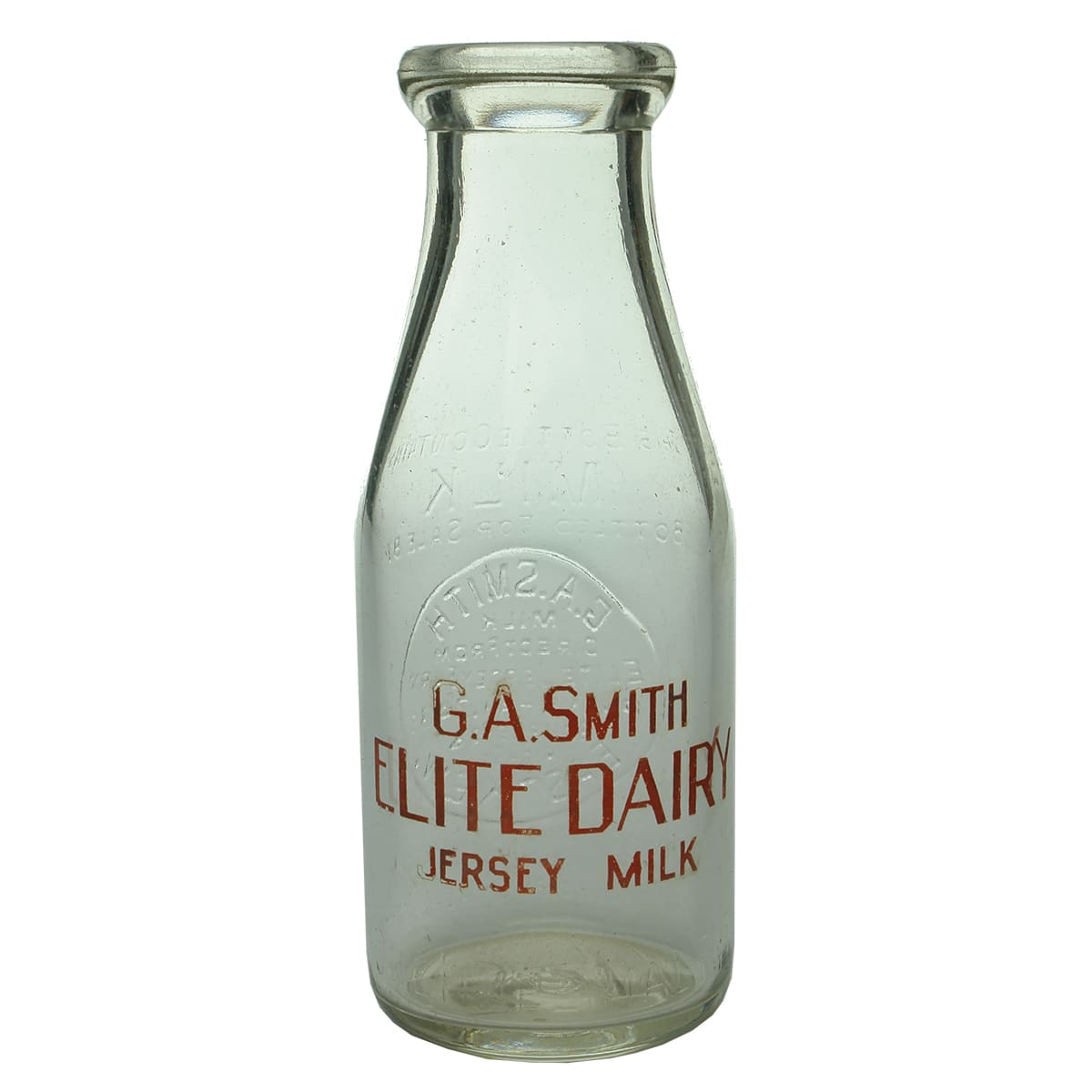 Milk. G. A. Smith, Elite Jersey Farm, East Kew. Wad lip. Ceramic label. 1 Pint.