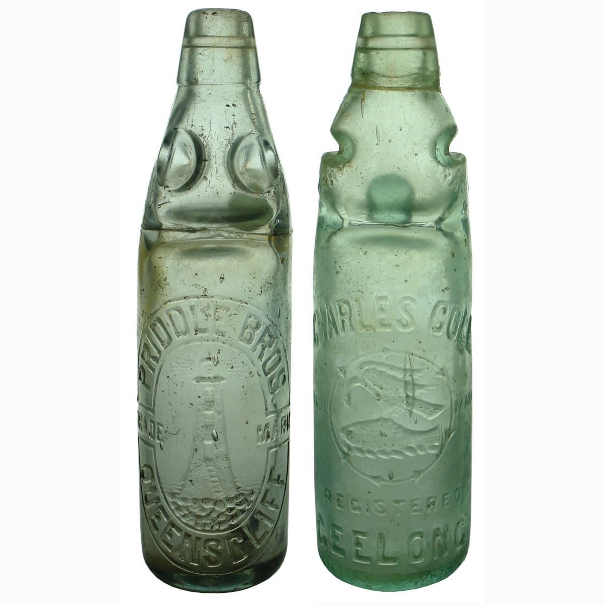 Pair of repaired Marble Bottles: Priddle, Queenscliff & Charles Cole, Geelong.