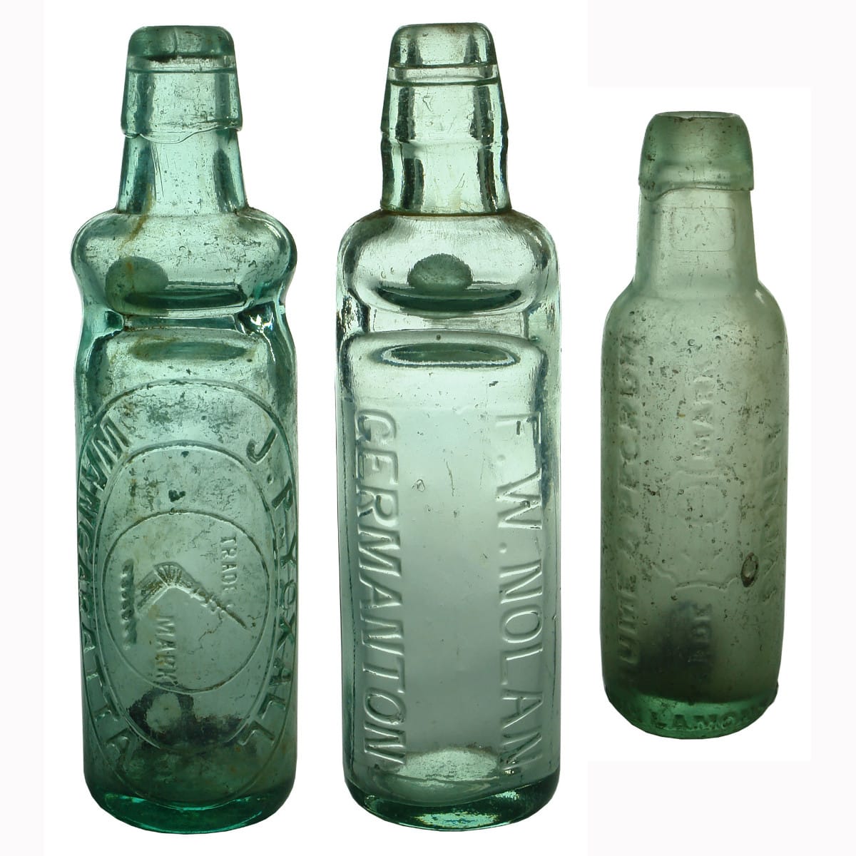 Three Aerated Water Bottles: Yoxall, Wangaratta; Nolan, Germanton and Hume & Pegrum, Sydney.