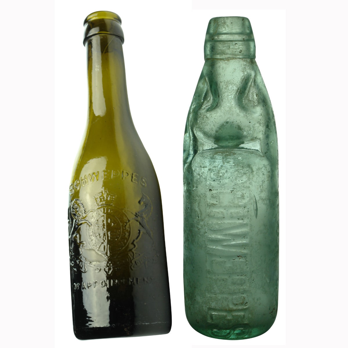 Pair of Schweppes Bottles: Green Crown Seal and Codd.