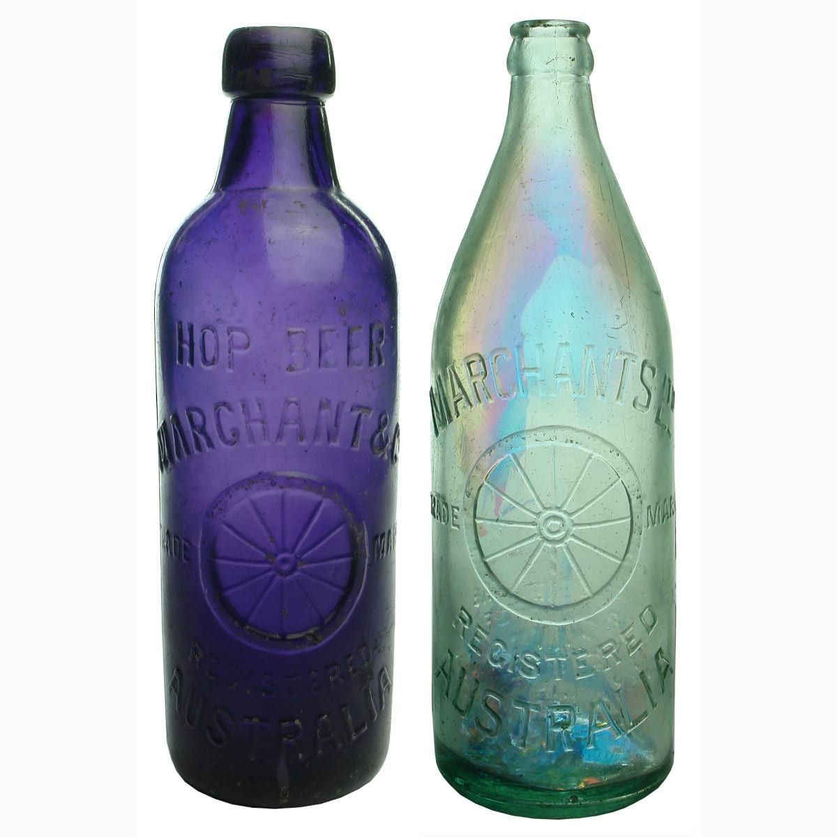 Pair of Marchant Bottles: Internal Thread (zapped purple) & Crown Seal.