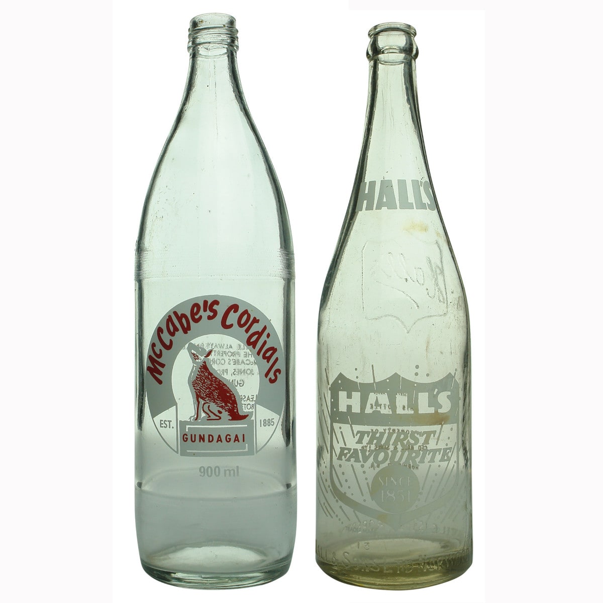 Pair of Ceramic Label Bottles: McCabes Cordials, Gundagai & Hall's Norwood.