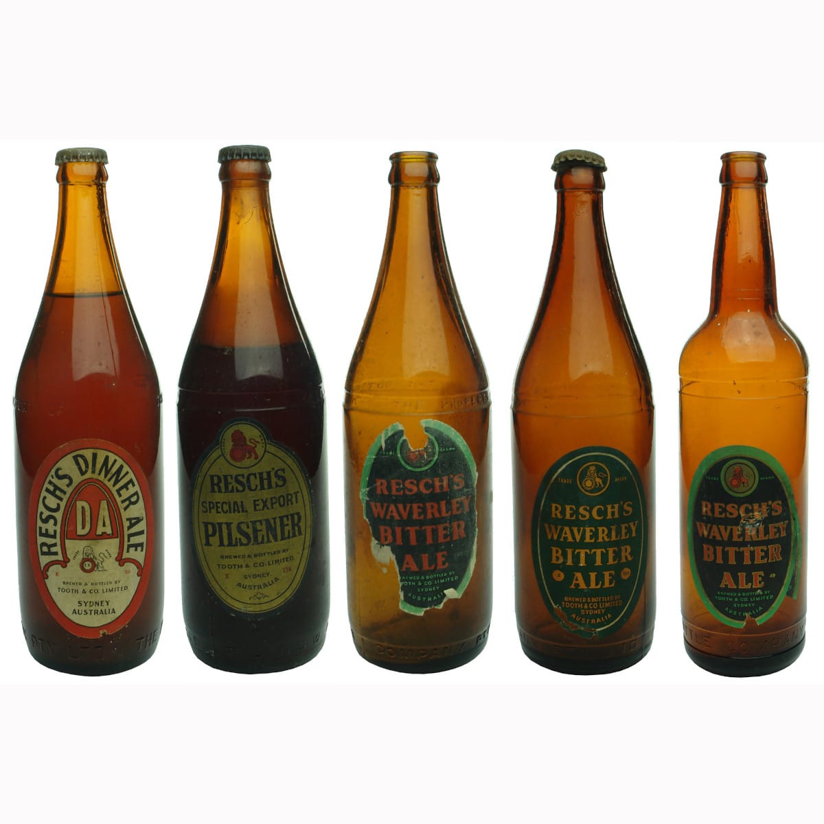 Five Labelled Sydney Beers - All Resch's bottled by Tooth & Co Limited.