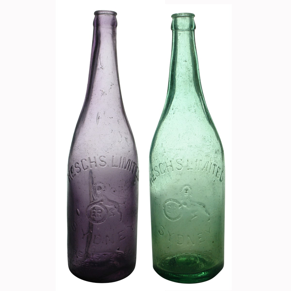 Pair of Resch's Limited Sydney Crown Seal Beers. Amethyst & Aqua.