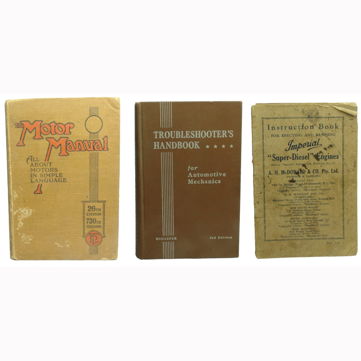 Three Books.  The Motor Manual; Troubleshooter's Handbook for Automotive Mechanics and Instruction Book for Erecting and Running Imperial "Super-Diesel" Engines