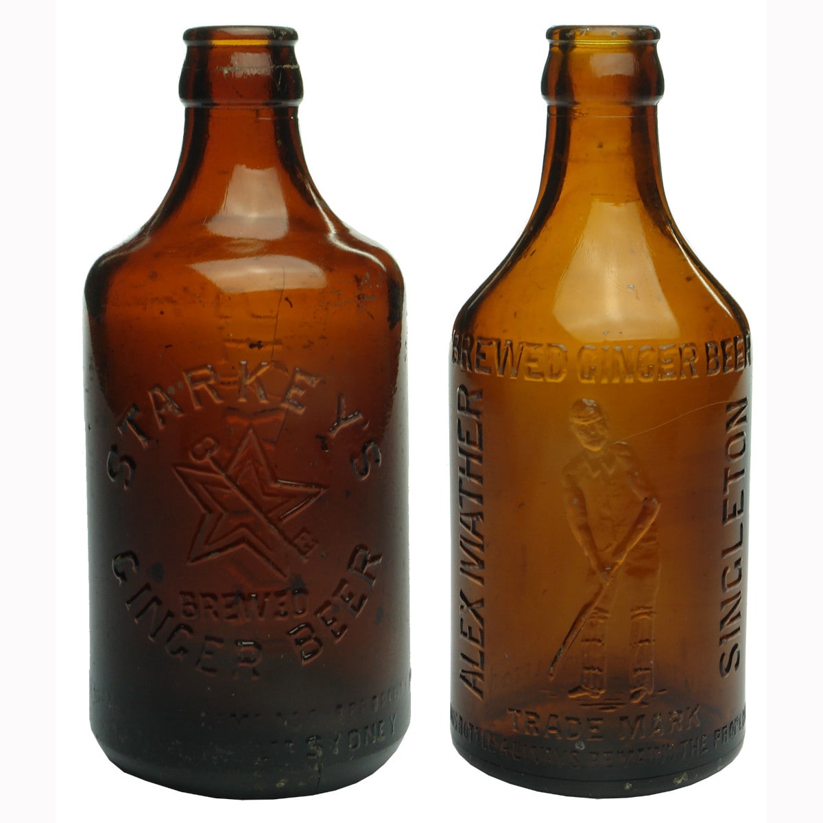 Pair of Amber Glass Ginger Beers: Starkey, Sydney and Mather, Singleton.