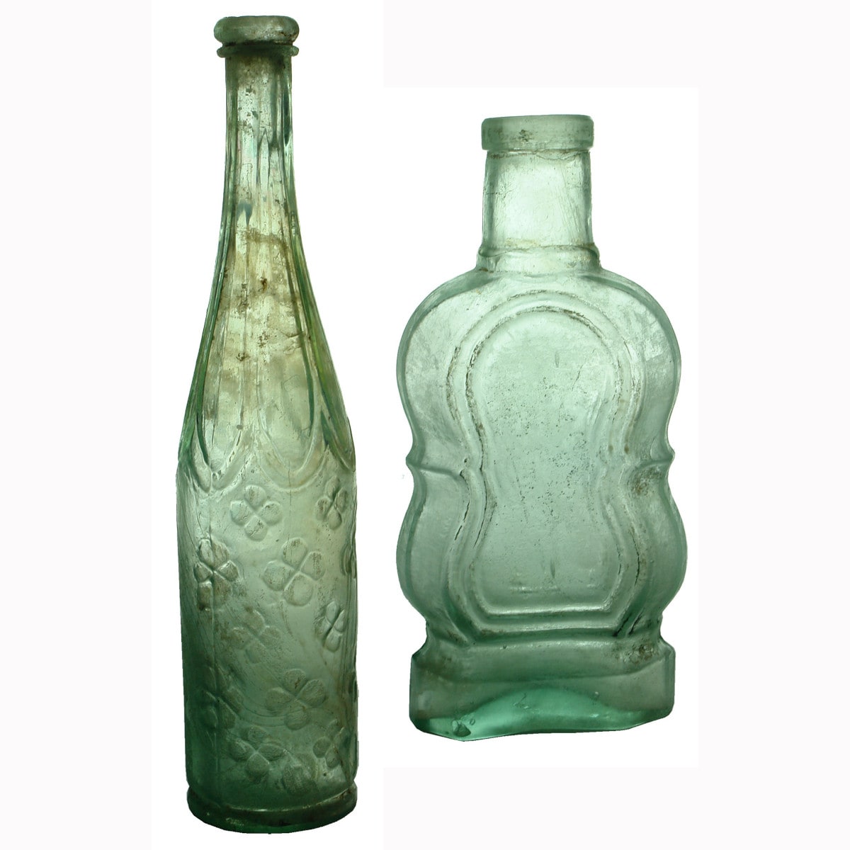 Pair of Goldfields Bottles: Violin Pickle & Clover Leaf Salad Oil. Damaged.