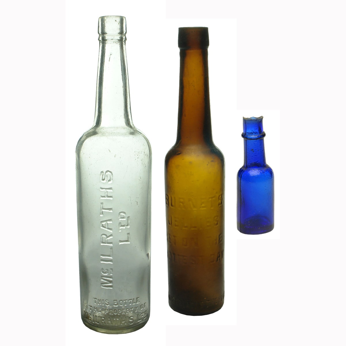 Three Castor Oils. 1. McIlraths Ltd. 2. Burnet's Jellies Set On The Hottest Day 3. Plain blue sample size.