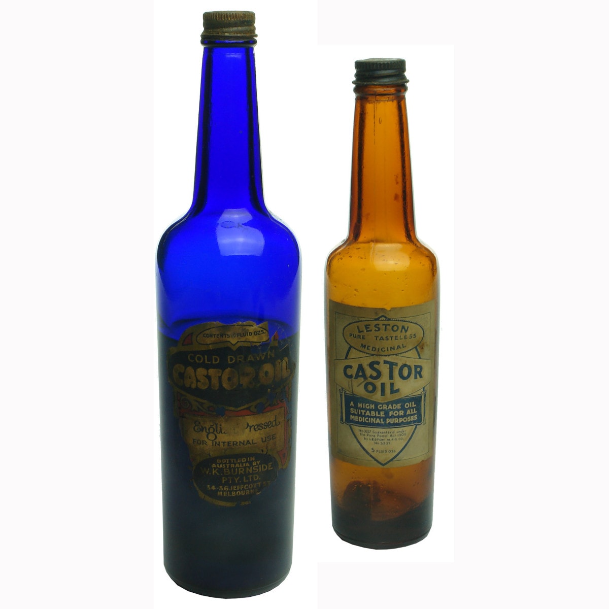 Pair of Labelled Castor Oils: Burnside, Melbourne and Leston MFG Co.