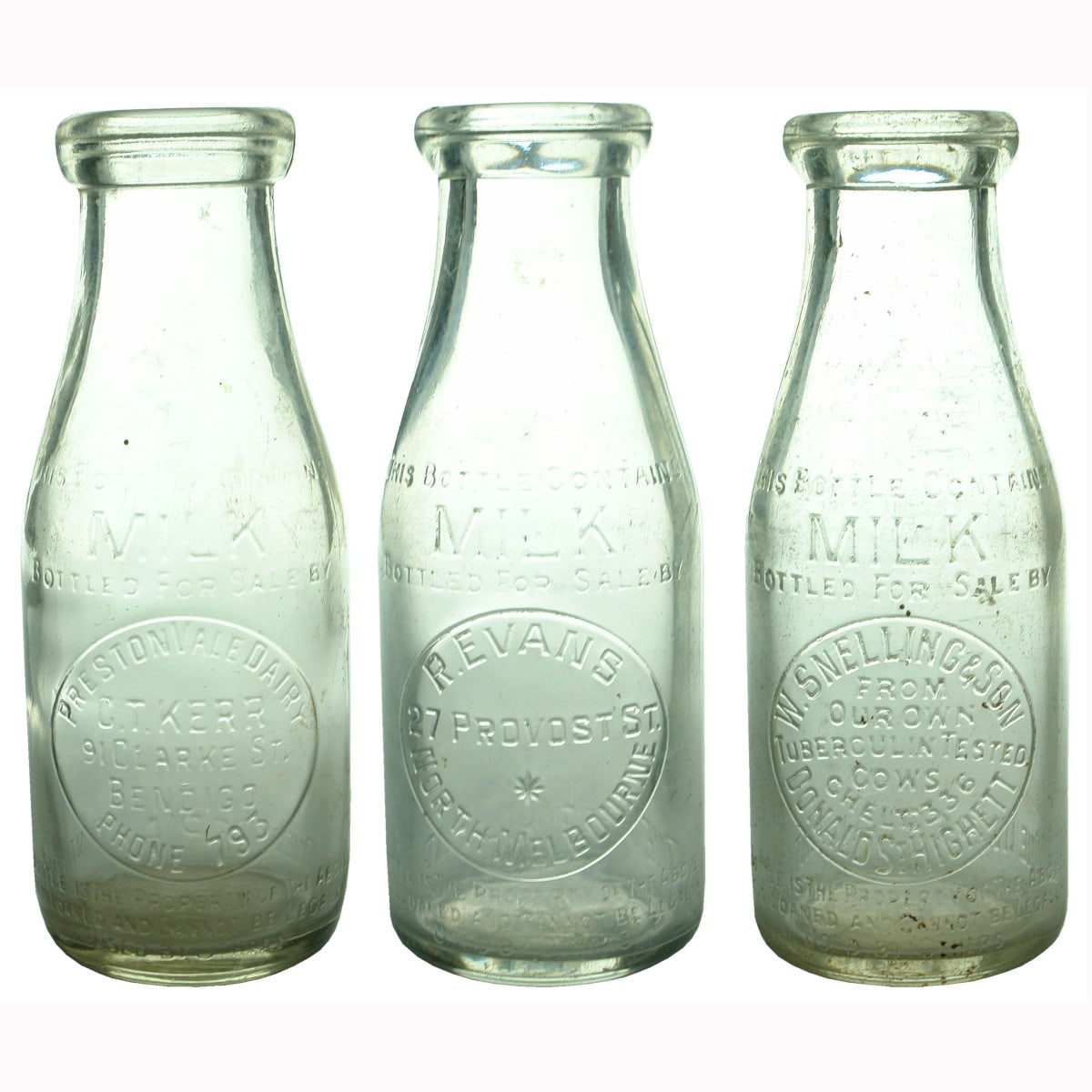 Three wide mouth Pint Milk Bottles: Kerr, Bendigo; Evans, North Melbourne and Snelling, Highett.