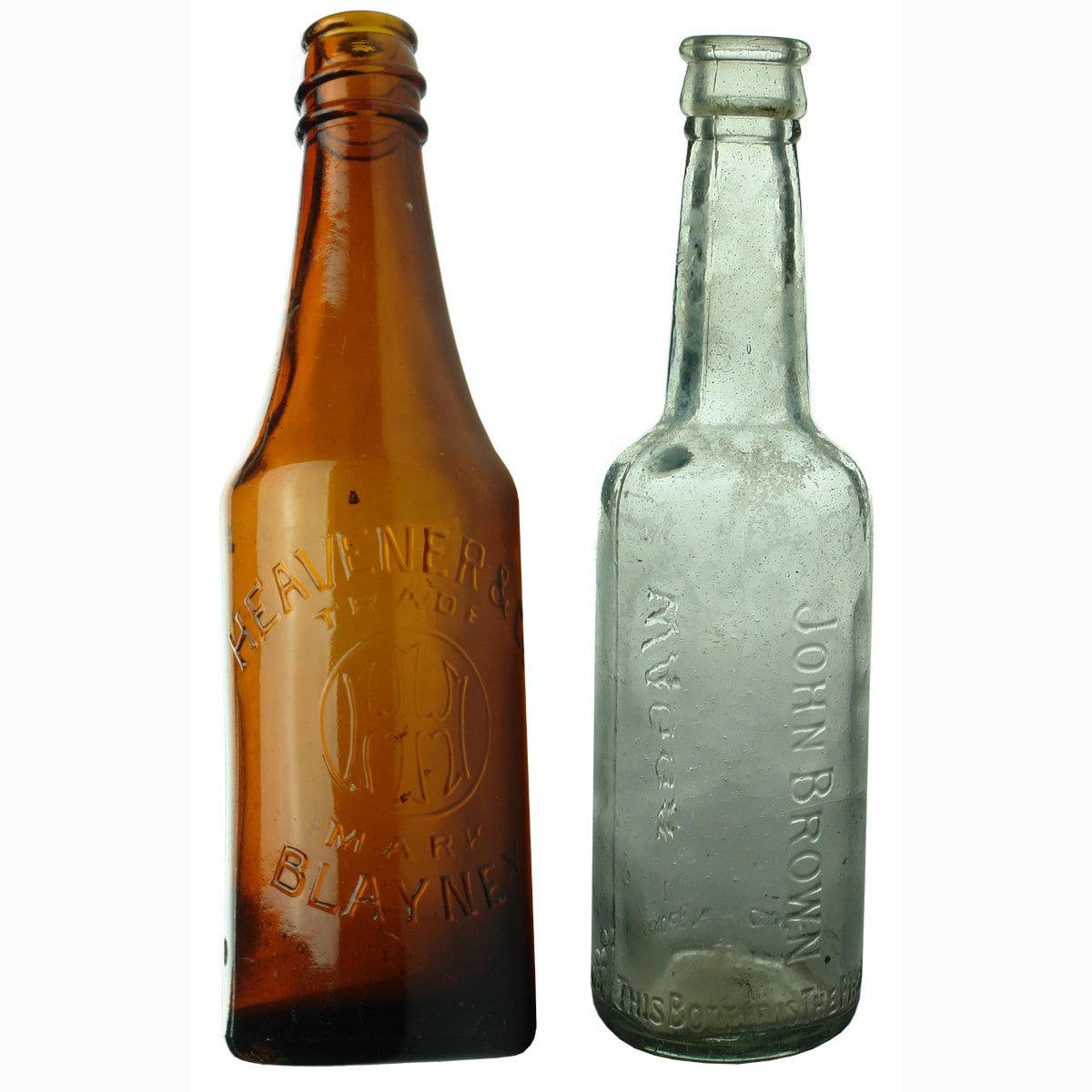Pair of NSW country sauce bottles: Heavener, Blayney & John Brown, Wagga.