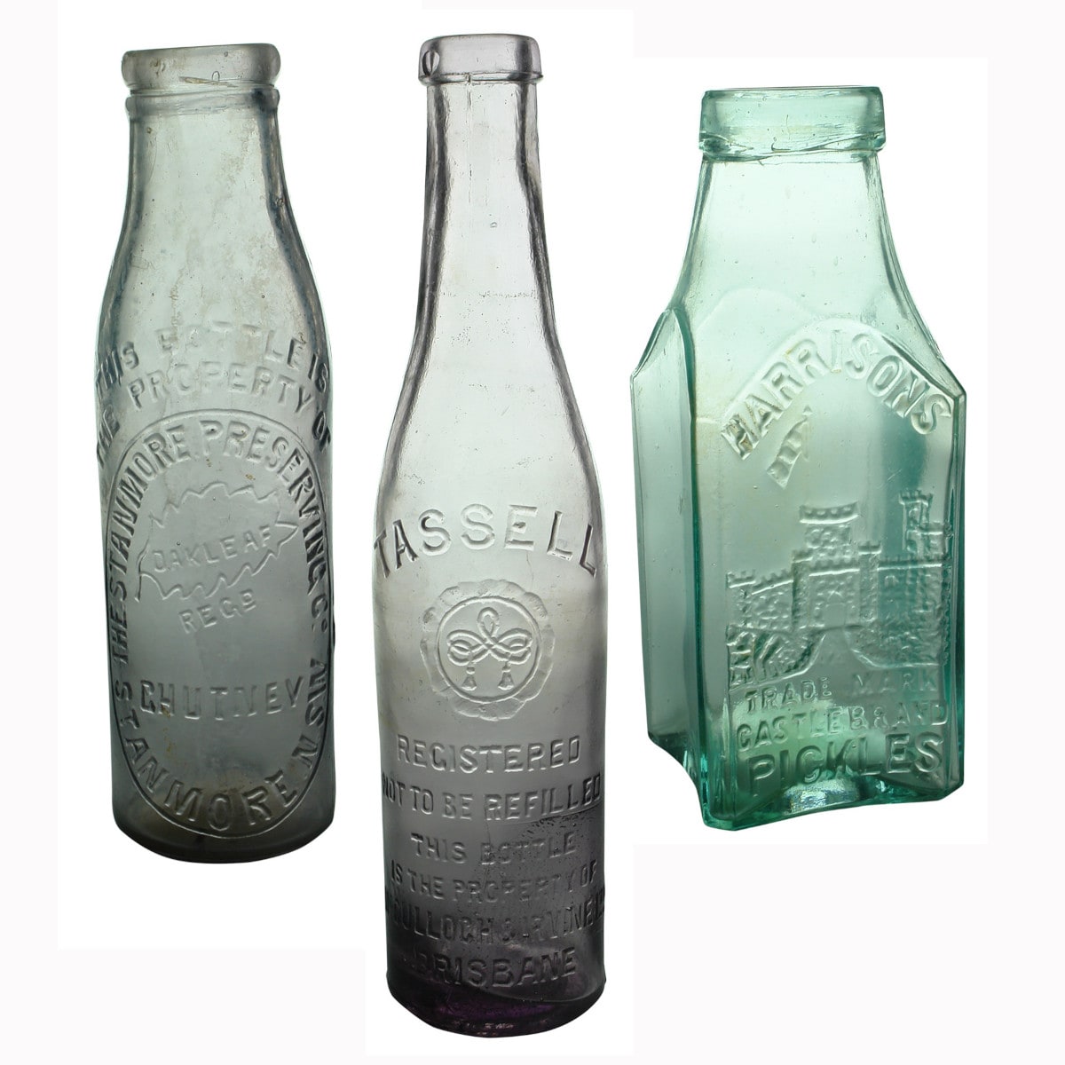 Three Household Bottles: Stanmore Preserving Co; Tassell Brisbane and Harrisons Pickles.