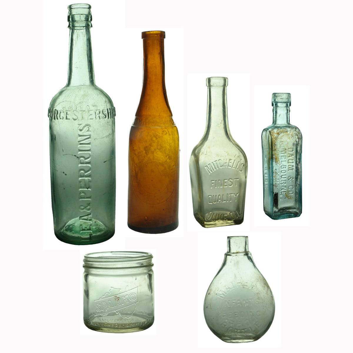 Six Household type bottles and jars.
