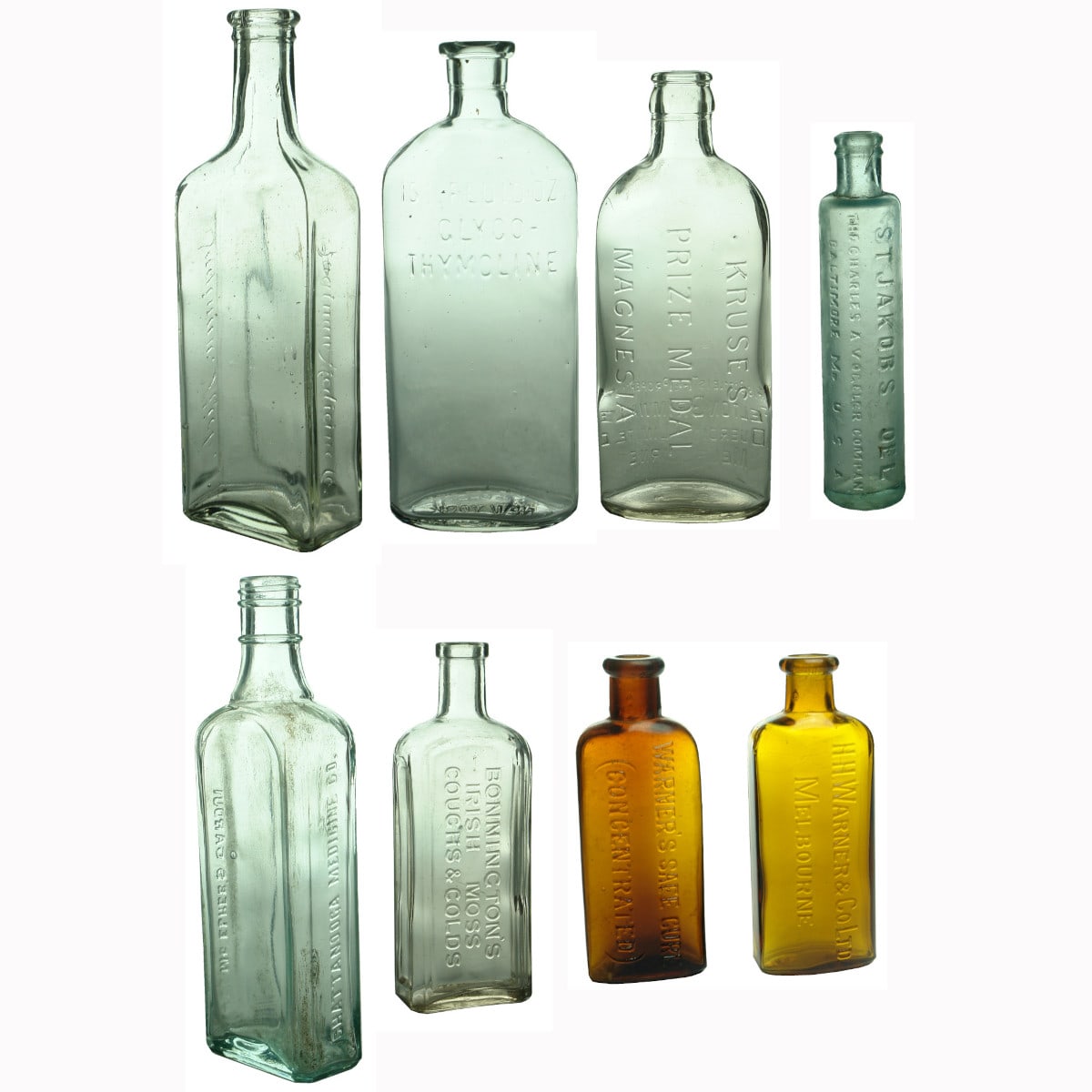 Eight various Medicine type bottles