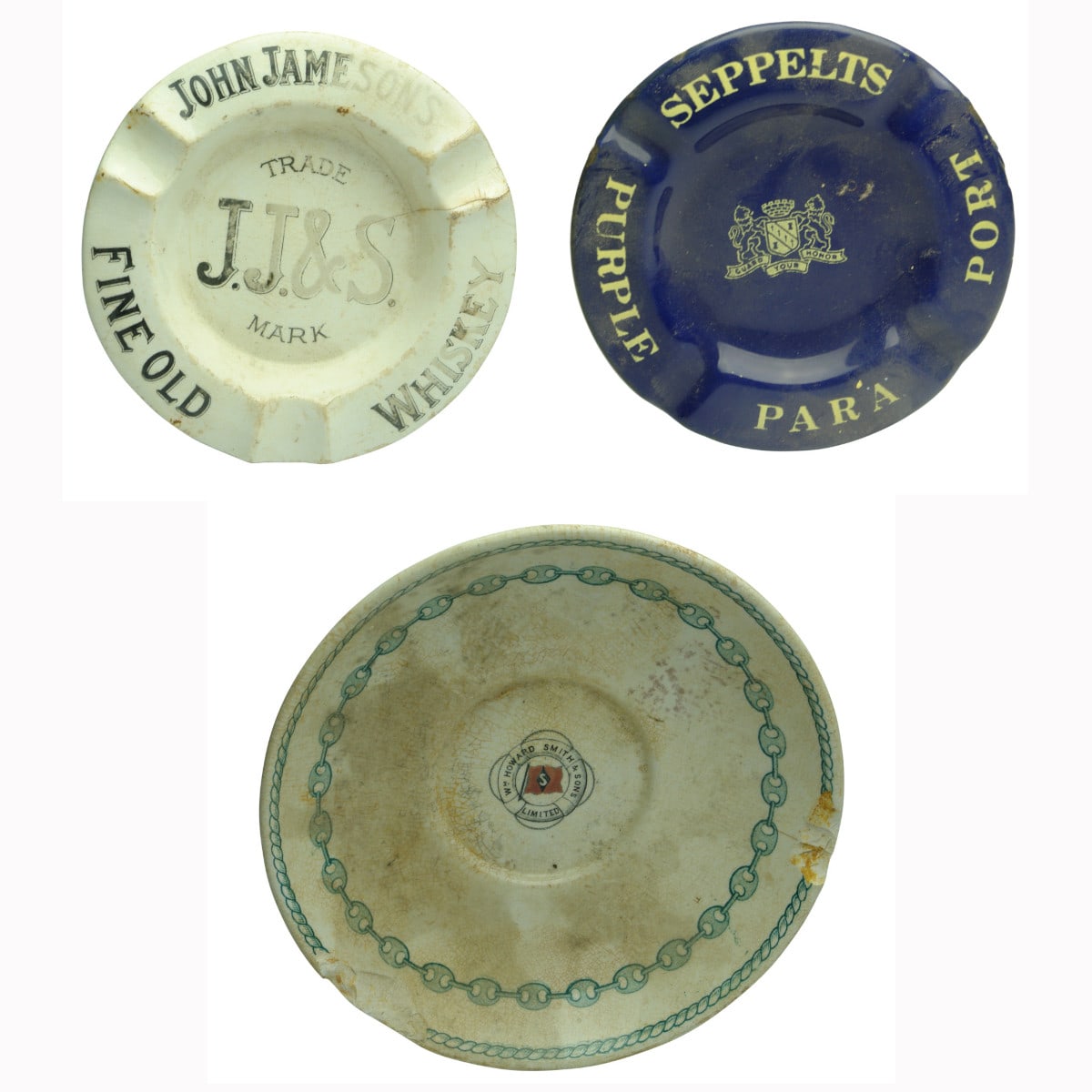 Pair of Advertising Ashtrays and a shipping china sauce plate: Jameson's Old Whisky and Seppelts Para Port.
