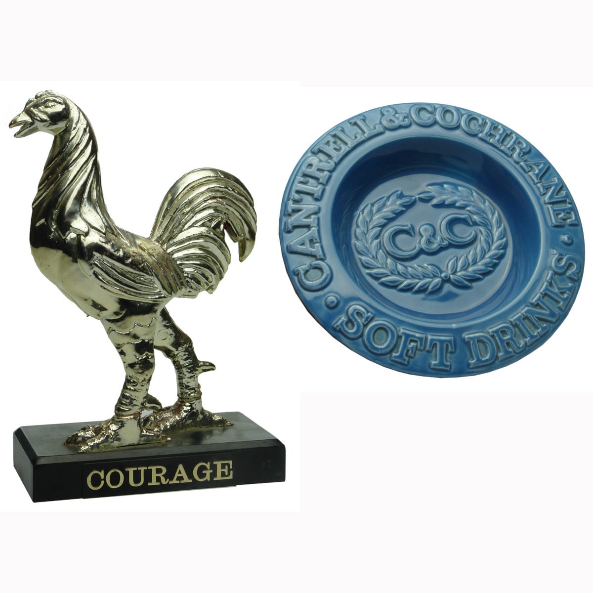 Pair of Advertising Pieces: Courage statuette & Cantrell & Cochrane Change tray.