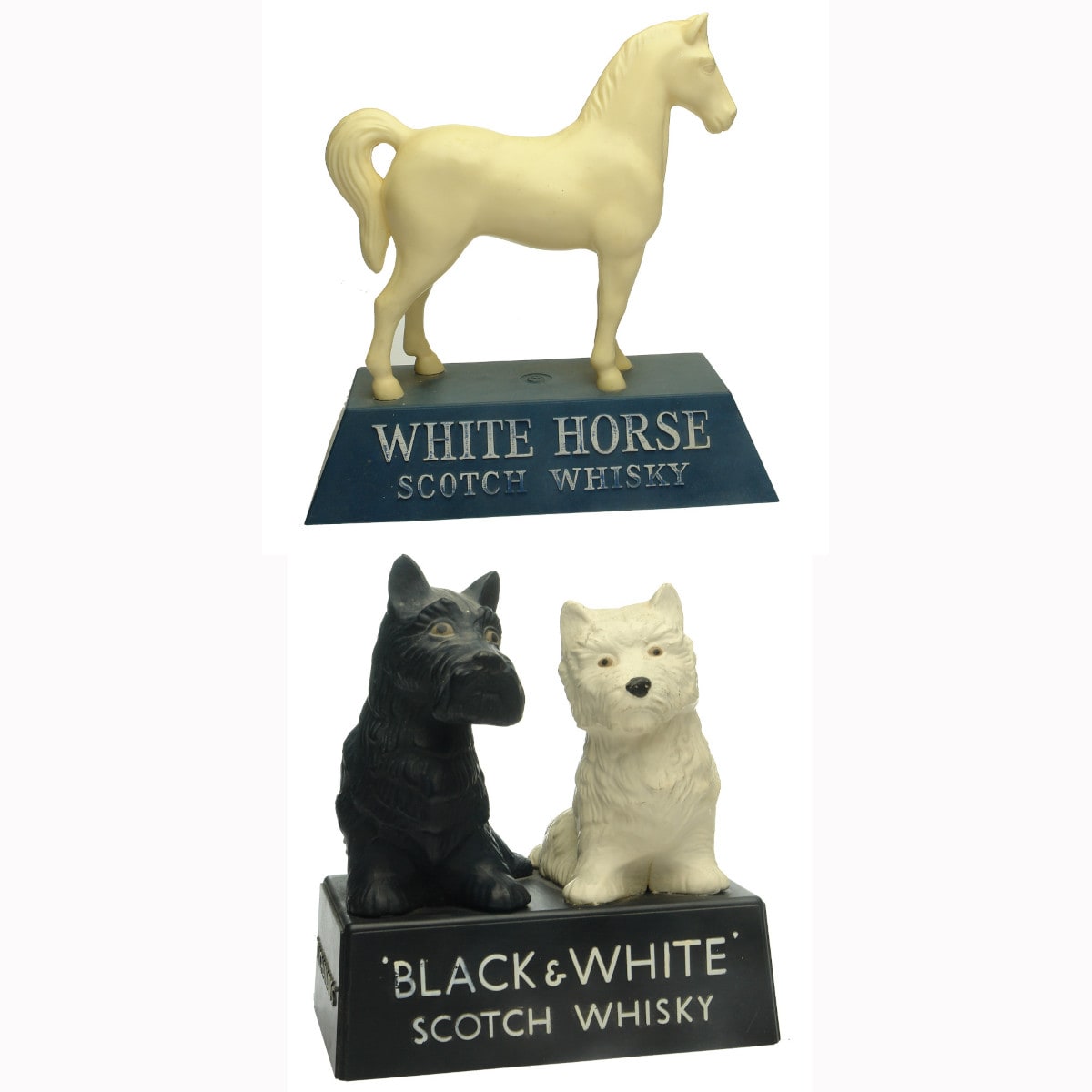 Pair of Plastic Whisky Advertising Statues: White Horse and Black & White.