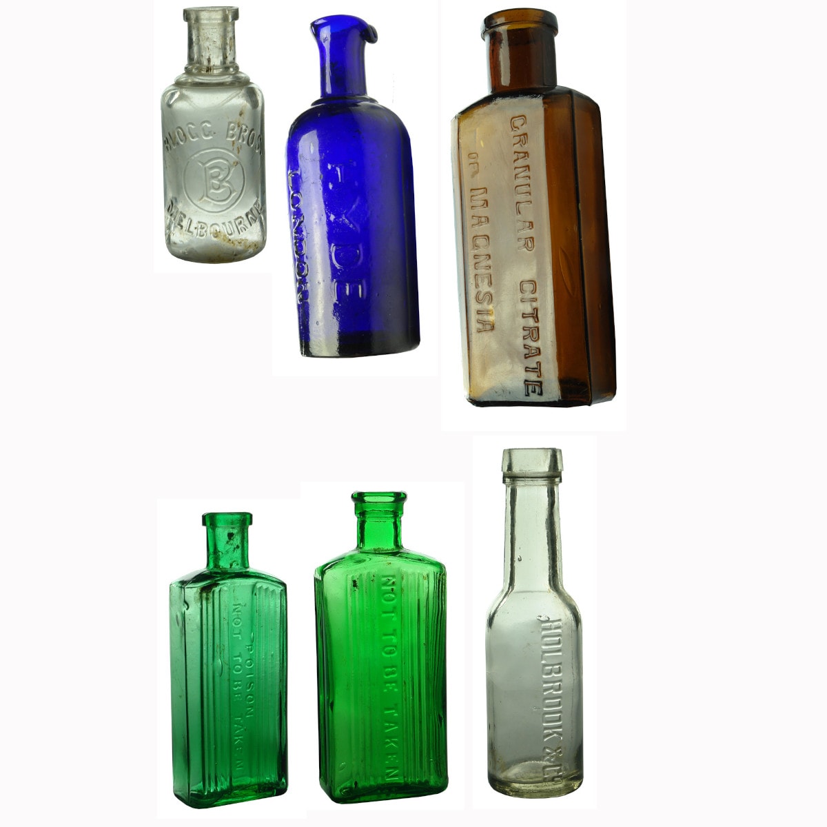 Six small bottles: Blogg Bros., Hyde, Magnesia, Poisons & Holbrook jar.