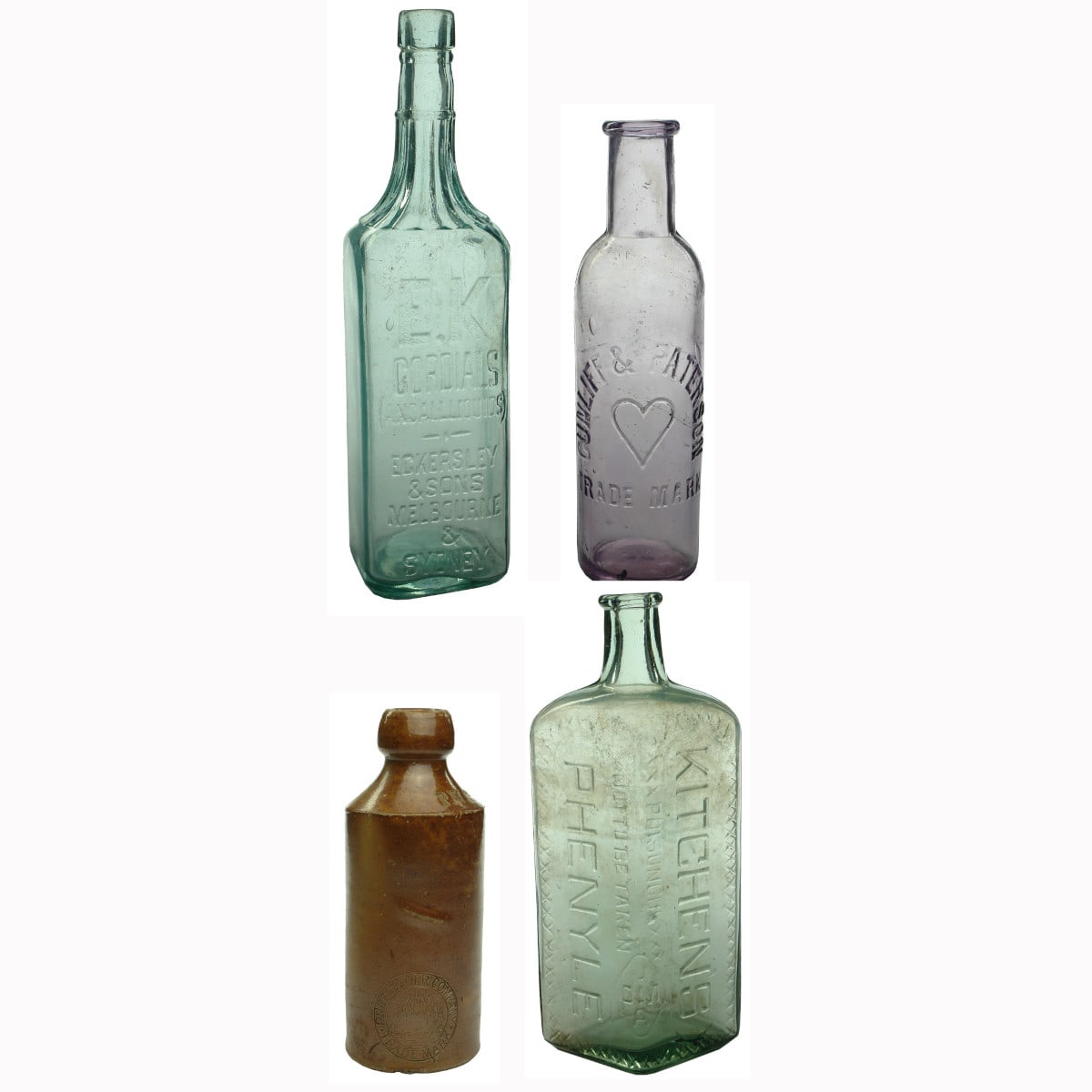 Four Bottles: EK Cordial; Cunliff & Paterson Chutney; Pure Water Company Ginger Beer; Kitchen's Phenyle.
