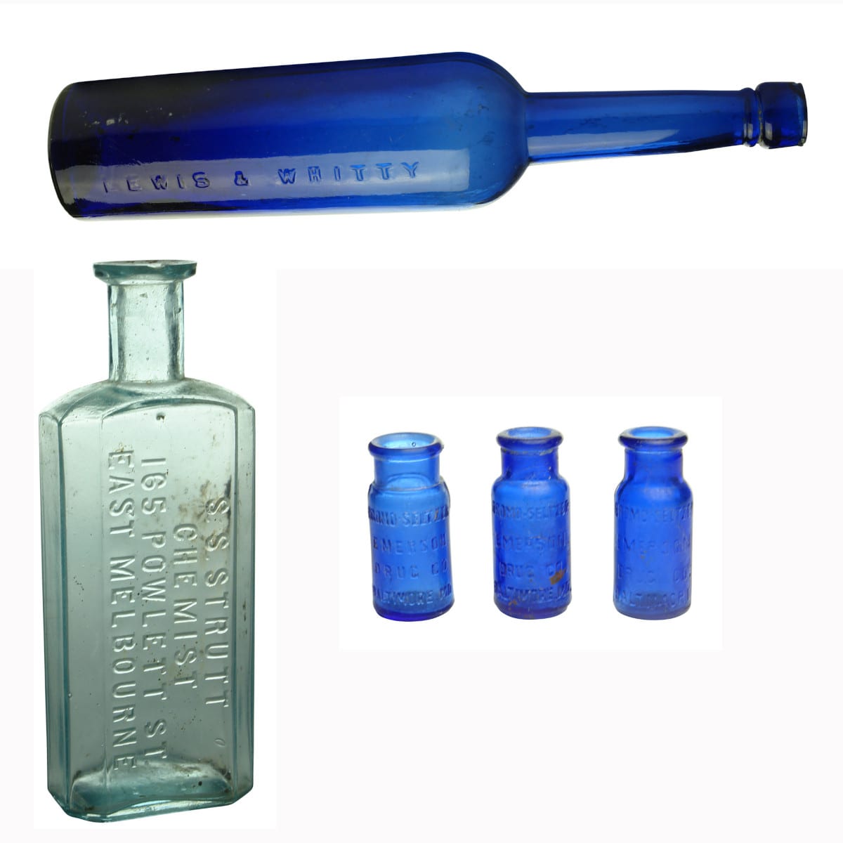 Five Bottles. Lewis & Whitty Castor Oil. Strutt Chemist and 3 Bromo-Seltzers.