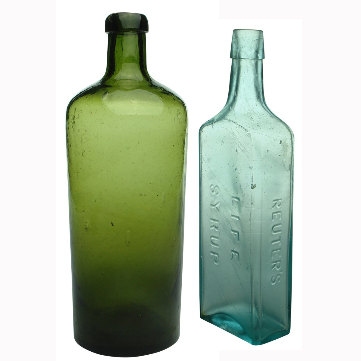 Pair of Bottles: Hunyadi Janos Mineral Water and Reuters Life Syrup.