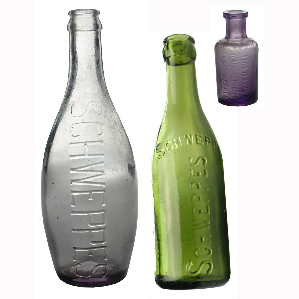 Three Schweppes Bottles: Amethyst Skittle, Green Crown Seal and an Essence.