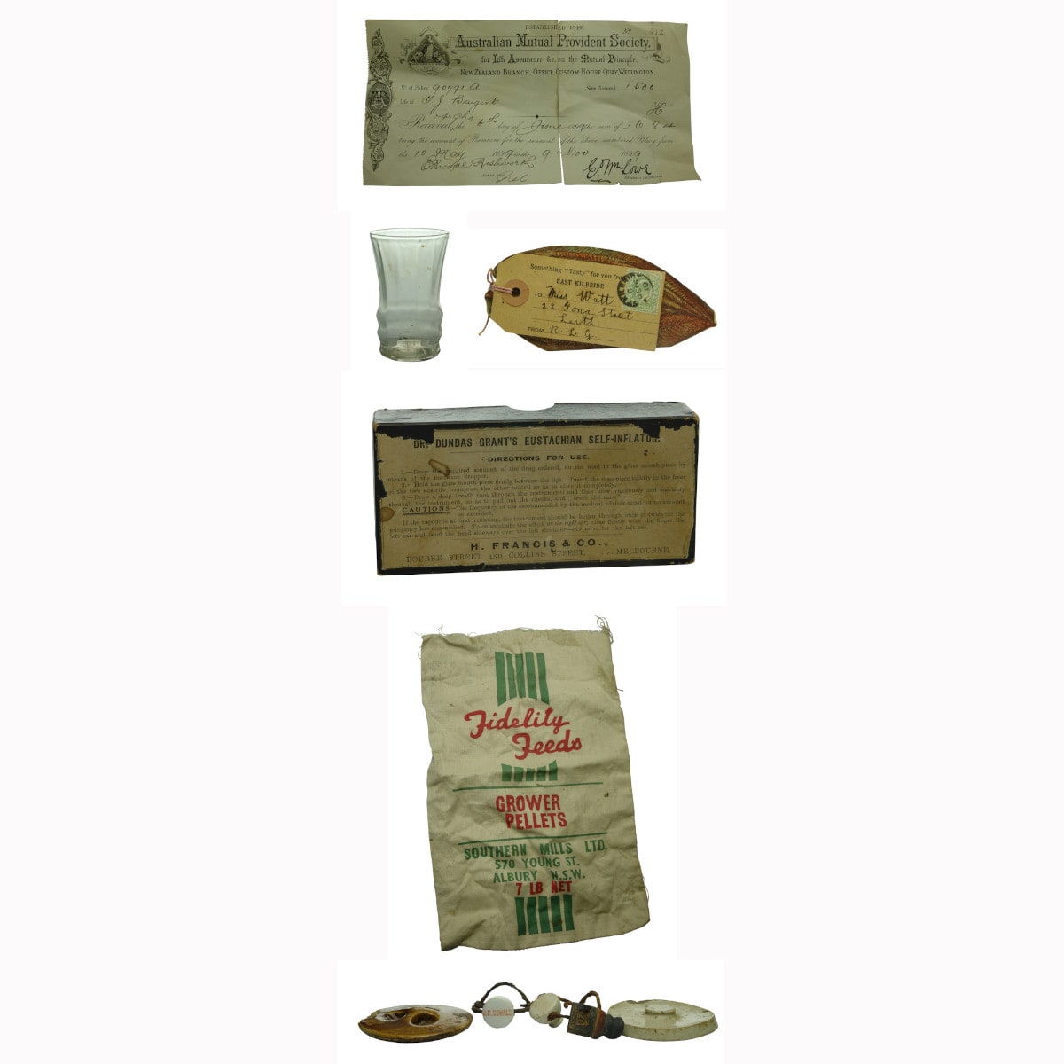Six small items. Ephemera, Glass, Ginger Beer lightning stoppers. Interesting Group.