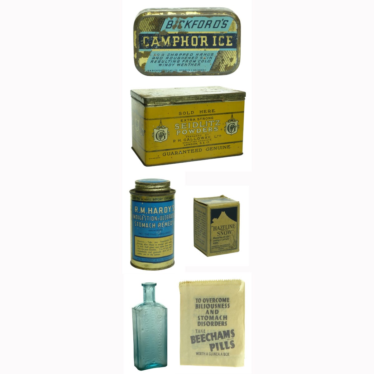 Three Medical Tins, 3 Paper Bags, Blood Purifier bottle and small boxed medical jar : Bickford's Camphor Ice; Bulk Siedlitz Powders; Hardy's Indigestion Remedy; Beechams Pills; Orsmonds Blood Purifier and Hazeltine Snow.