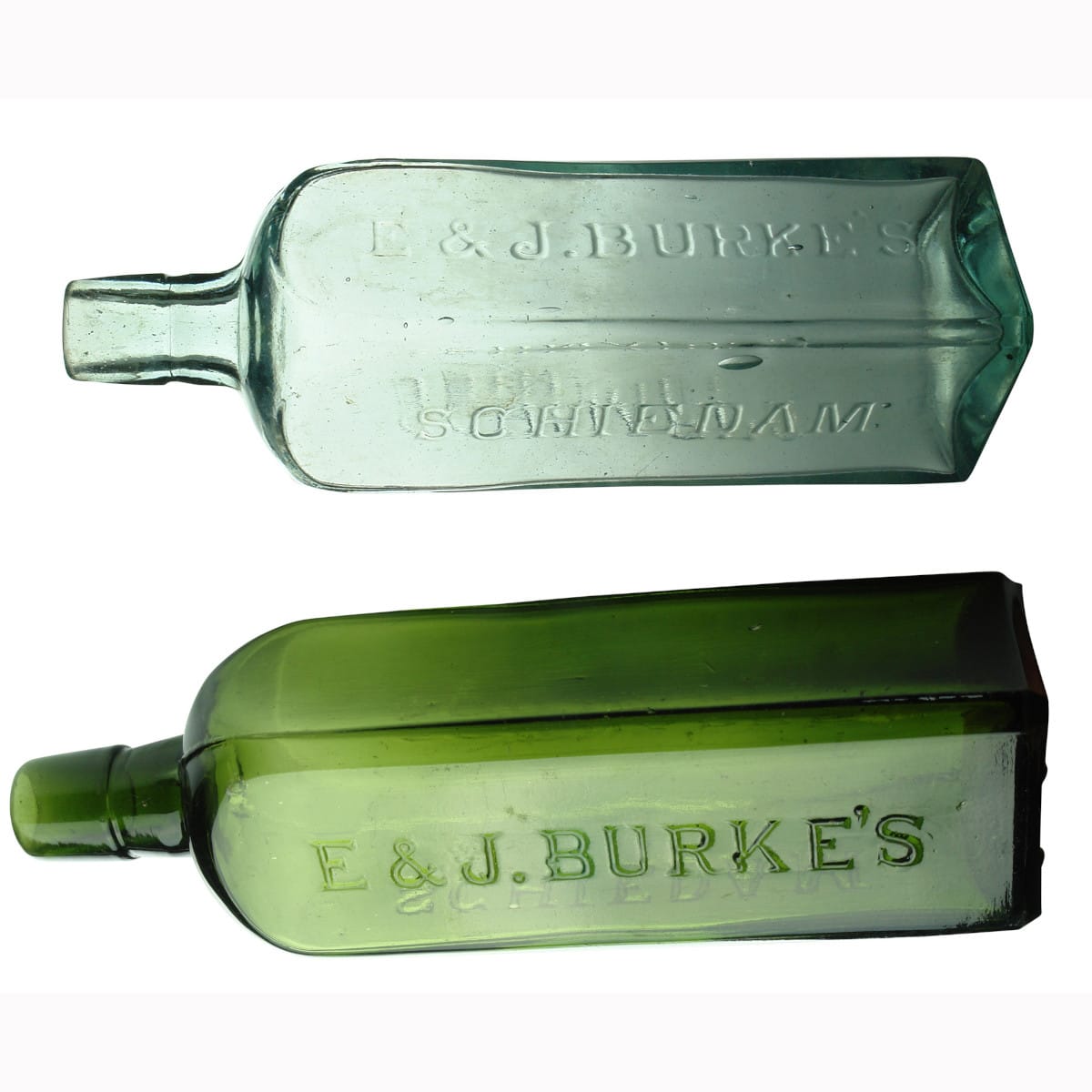 Pair of half size Burke's Schiedam Schnapps. Aqua & Green.
