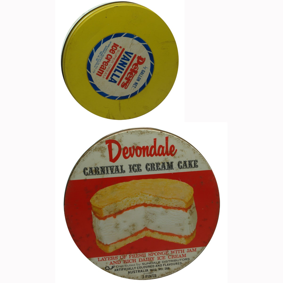 Pair of Ice Cream type tins. Peters Vanilla and Devondale Ice Cream Cake.