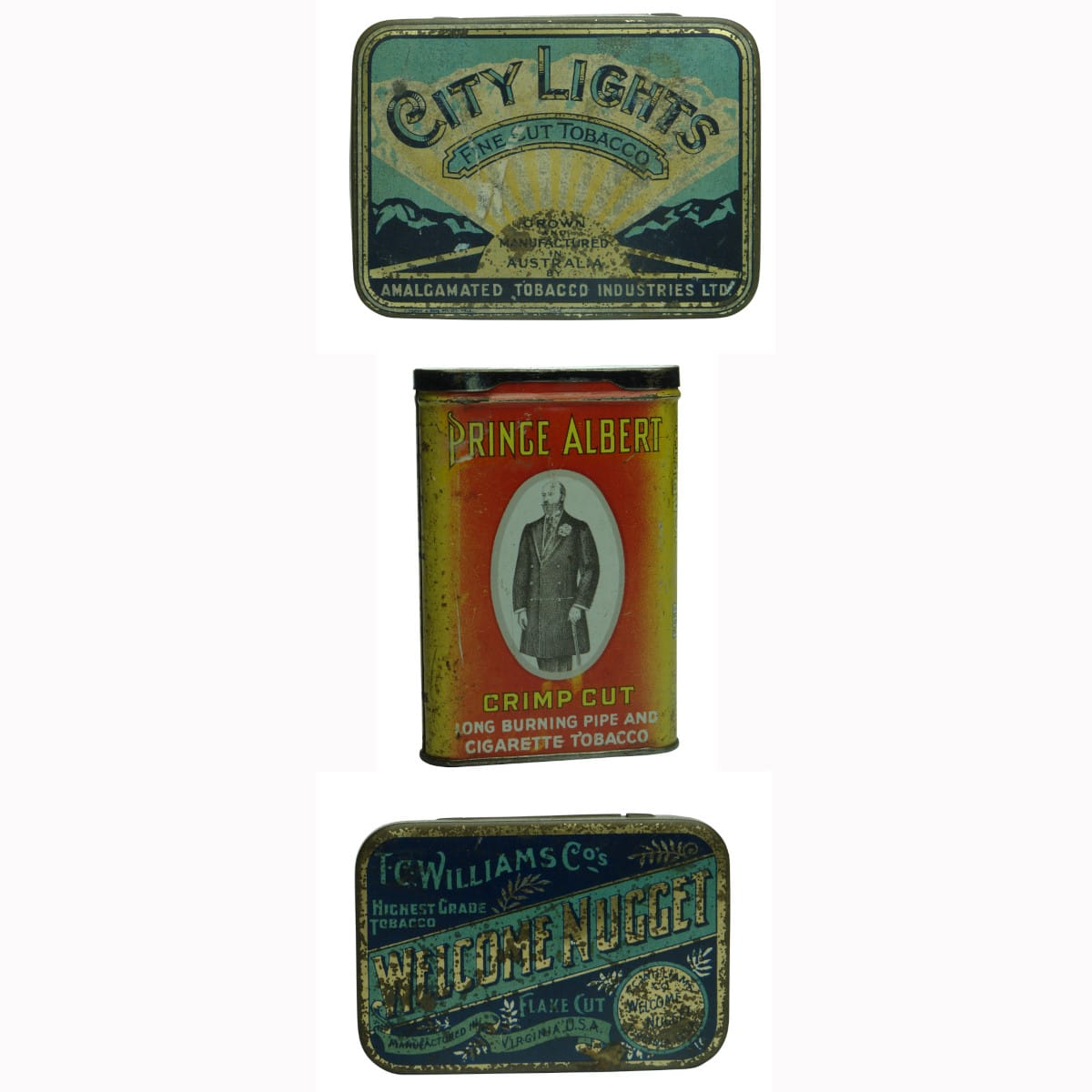 Three Tobacco Tins: City Lights, Melbourne; Prince Albert; Williams Welcome Nugget.