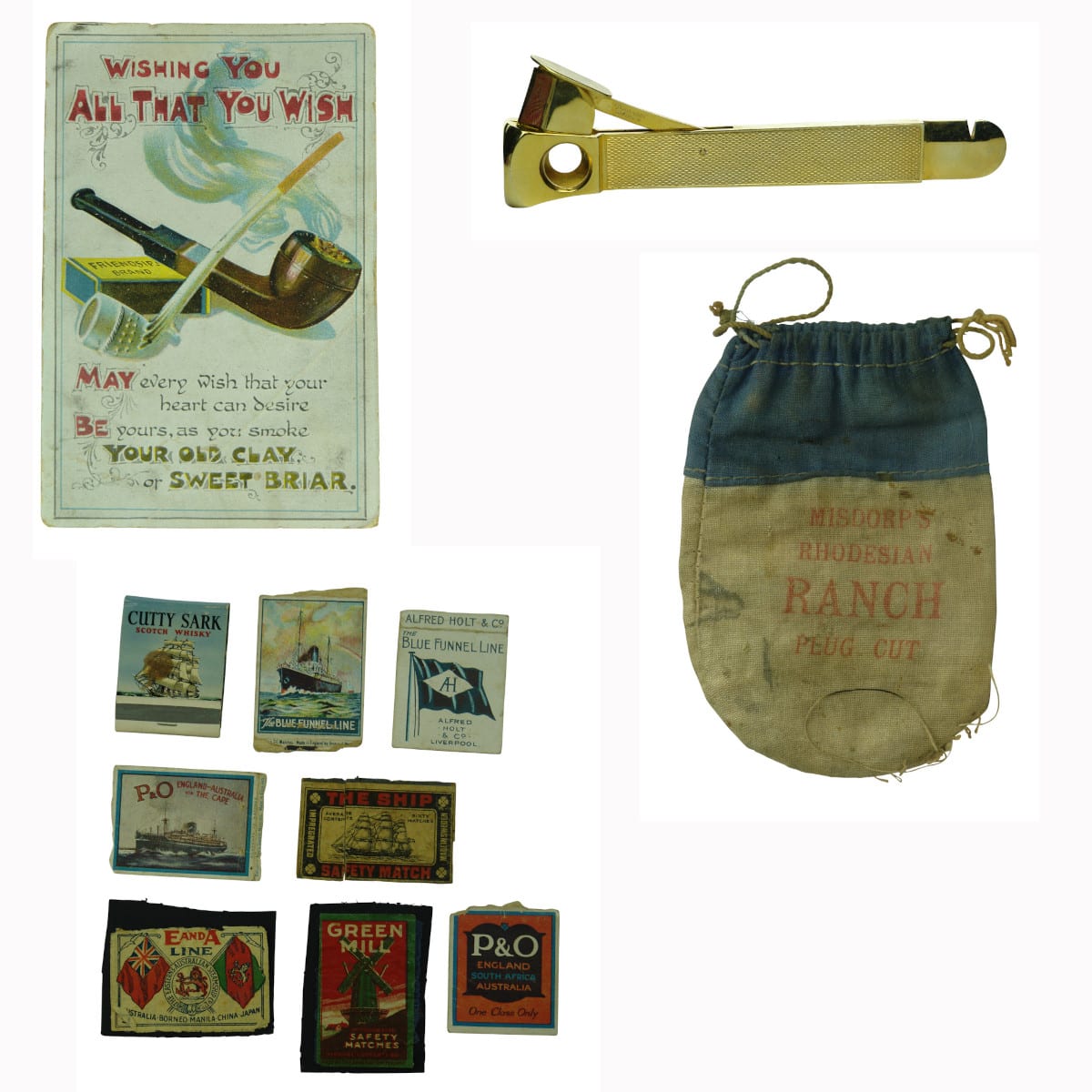 Tobacco related group of items: Post Card, Cigar Cutter, Match Box Labels and Tobacco Bag.