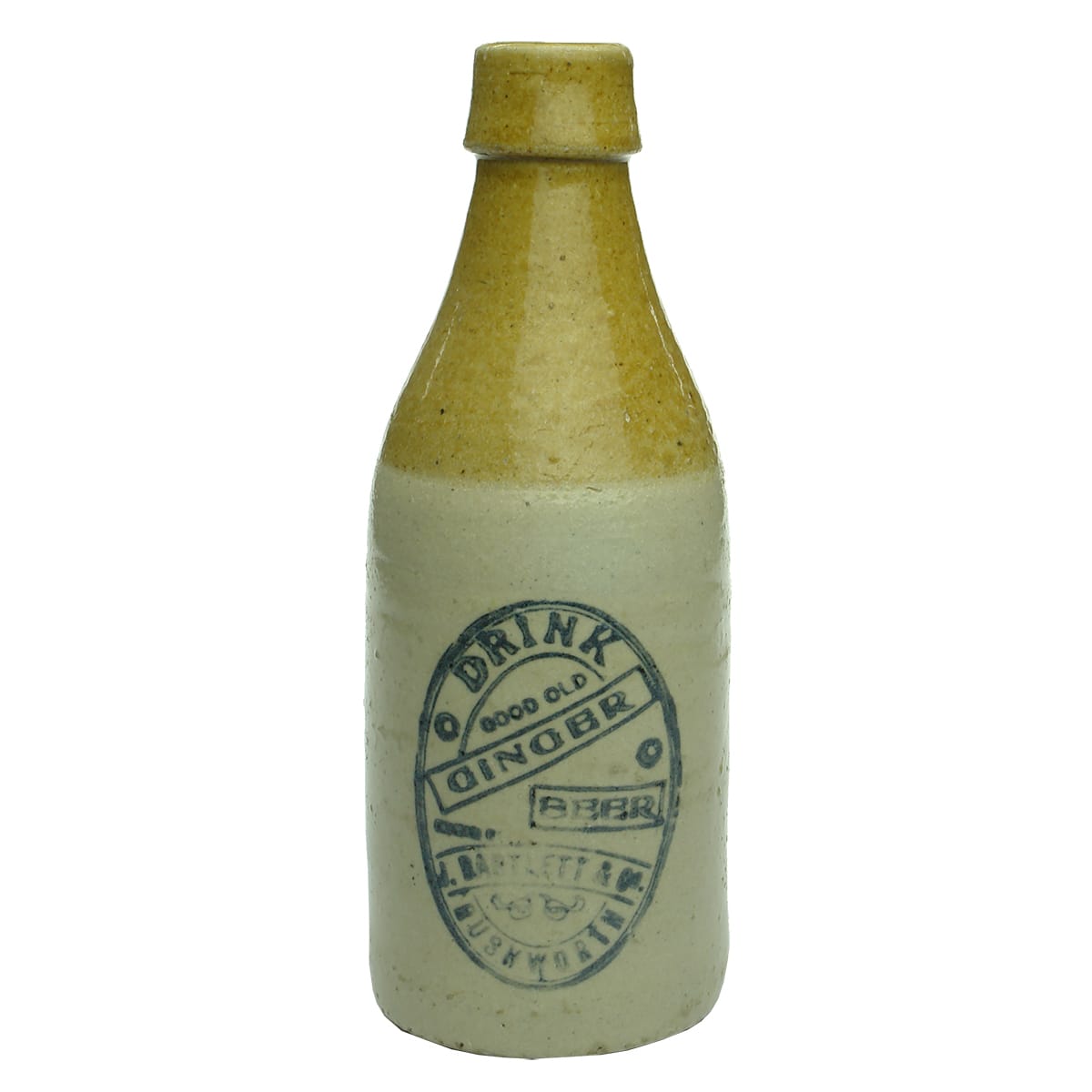 Ginger Beer.  J. Bartlett & Co., Rushworth.  Champagne.  Cork stoppered.  Tan top.