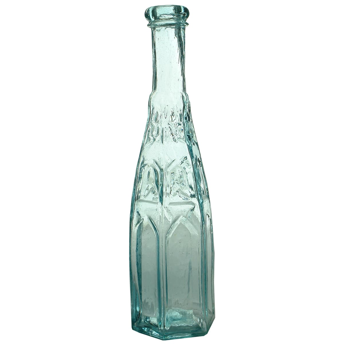 Pepper Sauce. Hexagonal Cathedral Shape. Ice Blue. 7 oz.