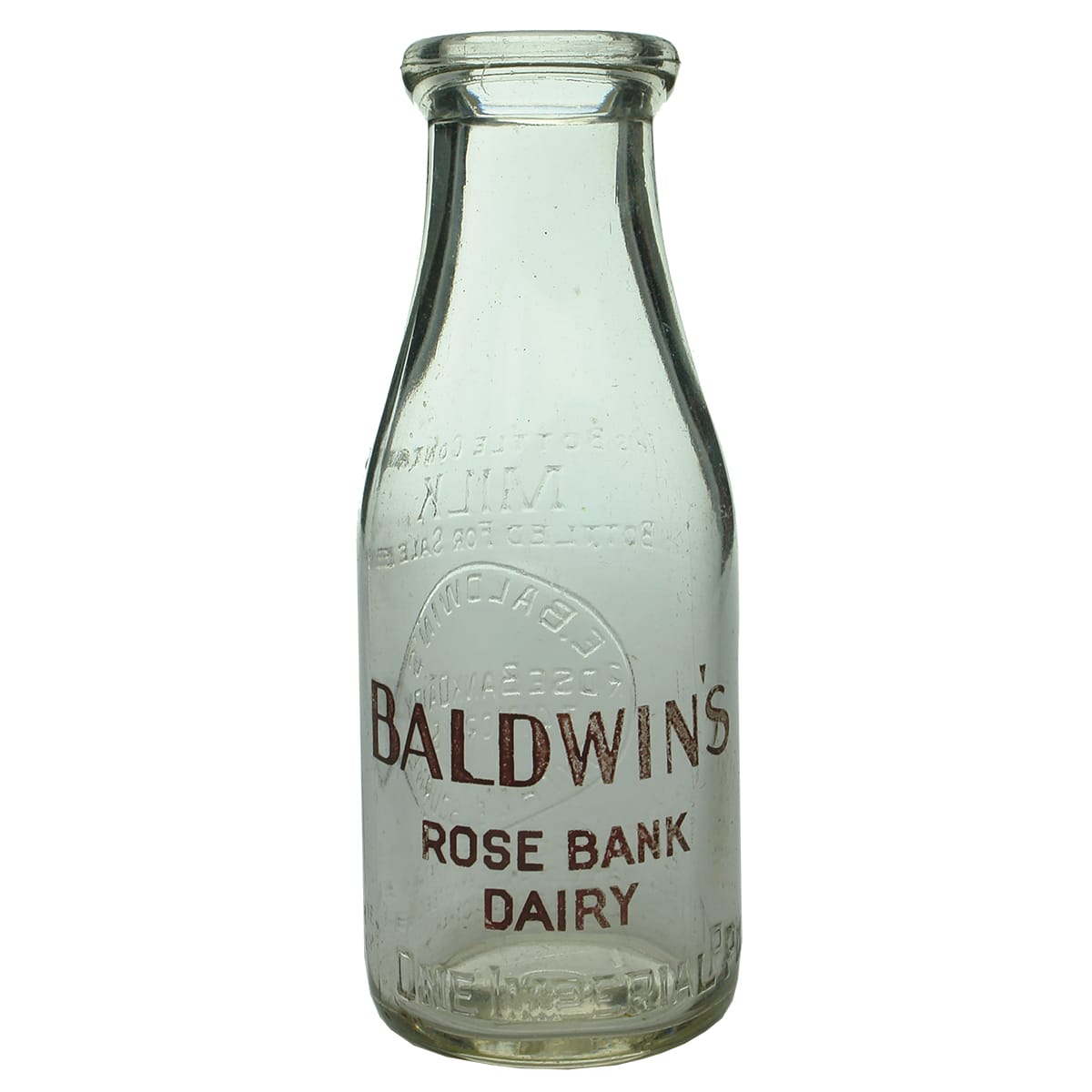 Milk. E. Baldwin's Rose Bank Dairy, South Melbourne. Wad lip. Ceramic Label. 1 Pint.