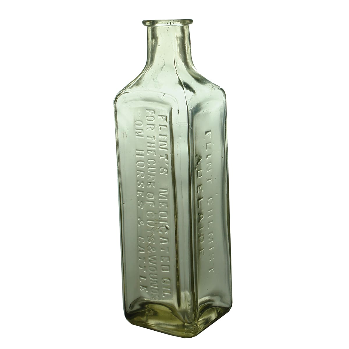 Vet Bottle. Flint's Medicated Oils. Adelaide. Clear. 6 oz.