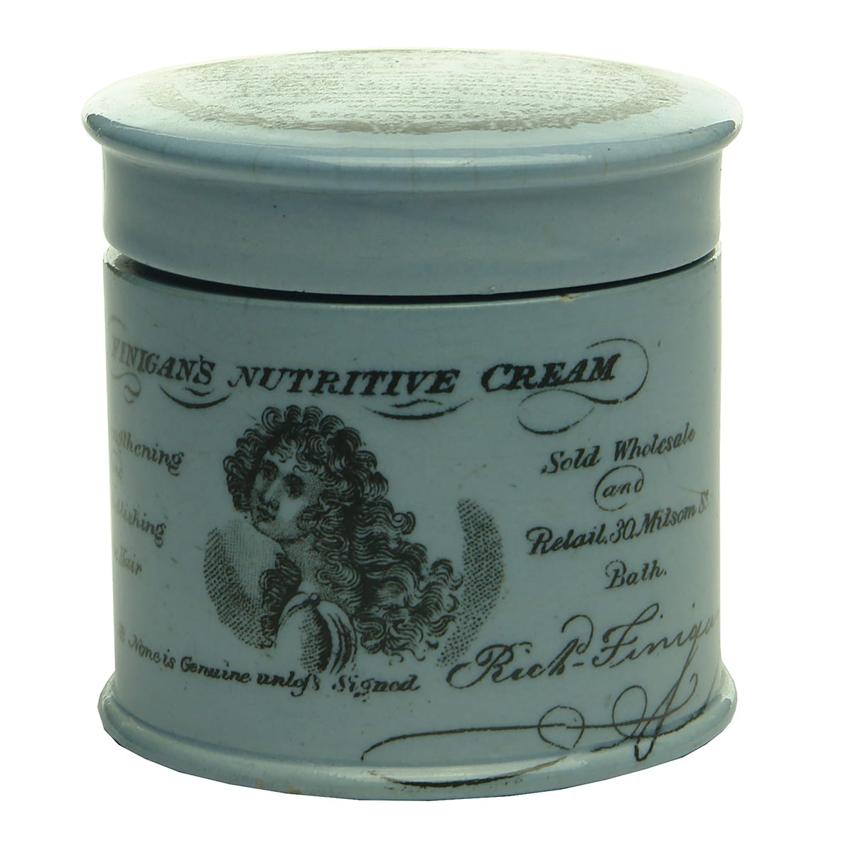 Pot Lid.  Finigan's Nutritive Cream, Bath.  Black print on blue lid and base.