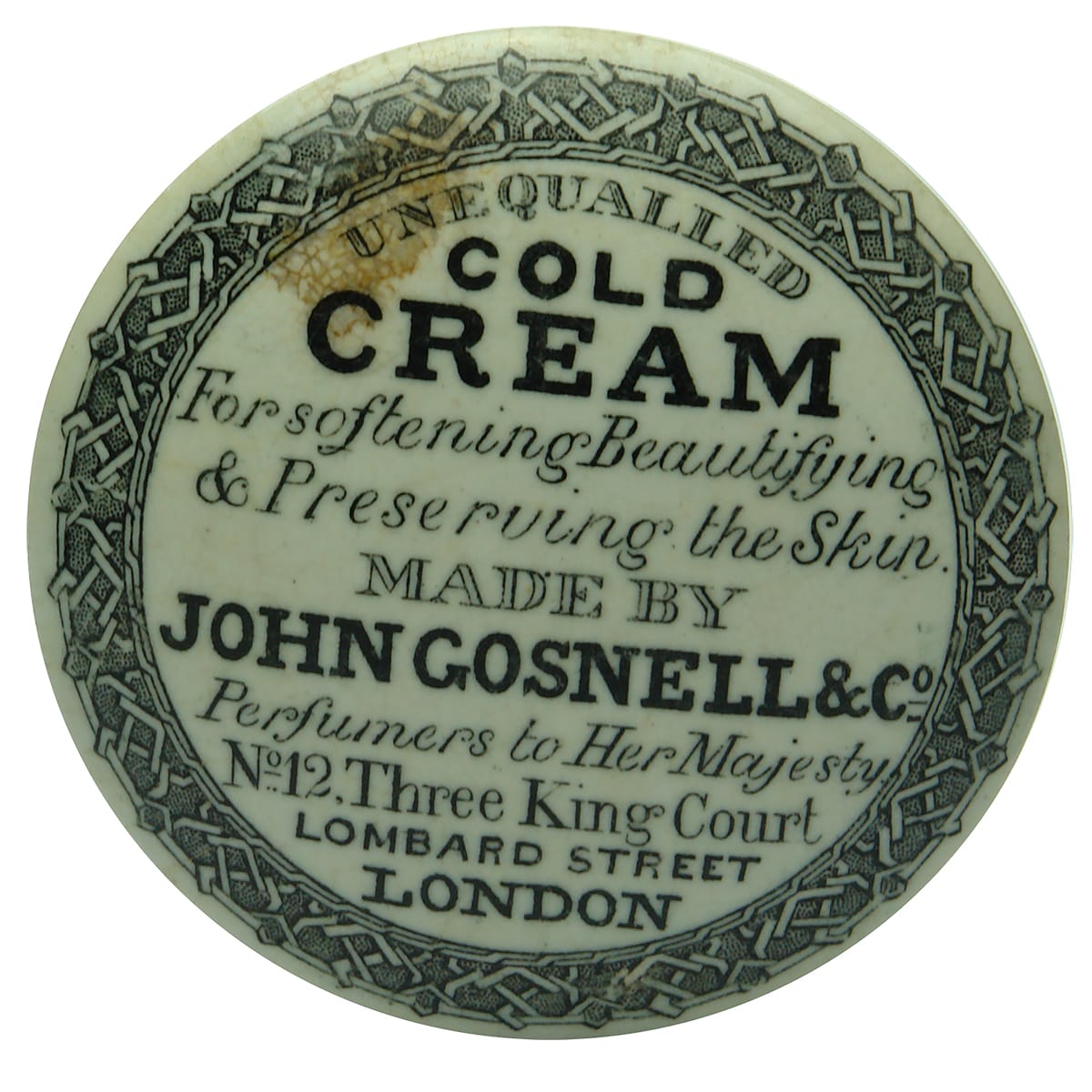 Pot Lid. John Gosnell, Cold Cream. Domed round lid. Black & White.