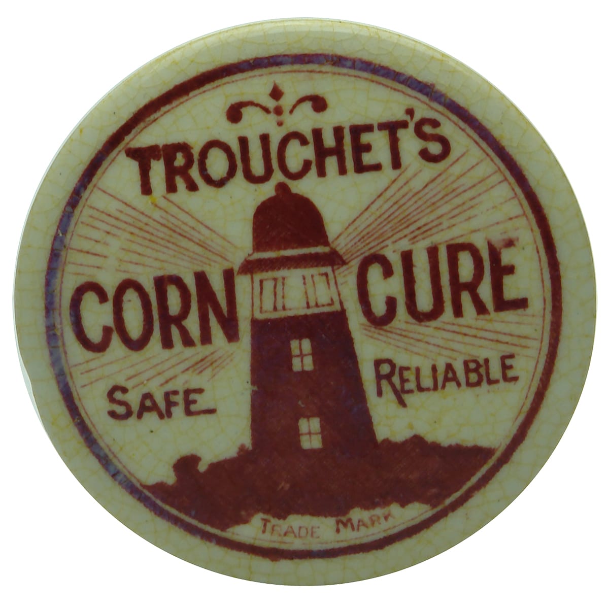 Pot Lid. Trouchet's Corn Cure. Red & White.