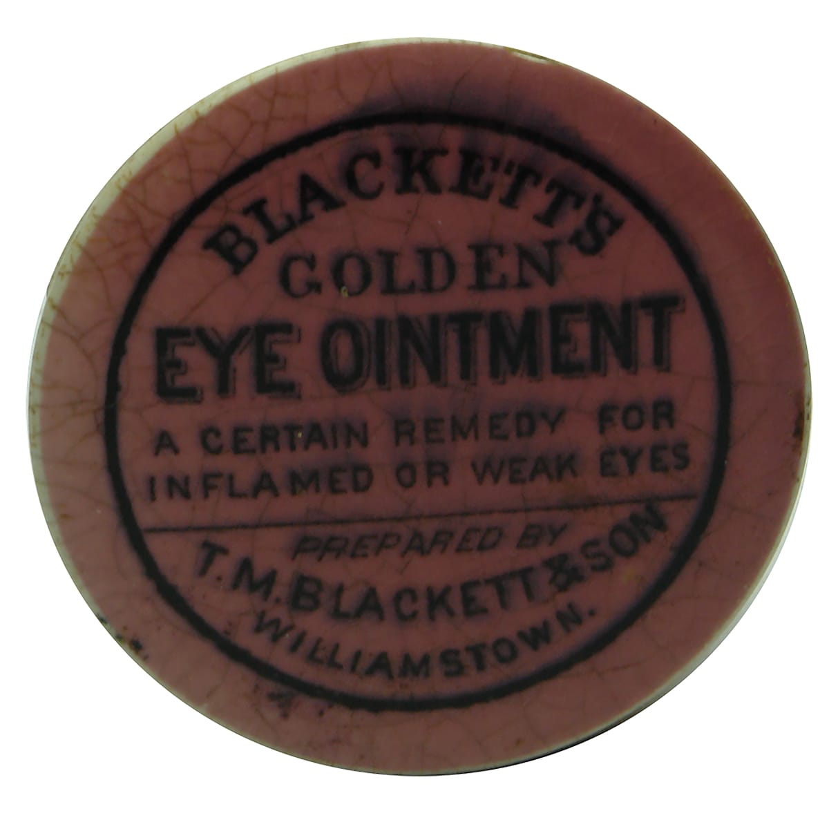 Pot Lid. Blackett's Eye Ointment, Williamstown. Black on Pink.