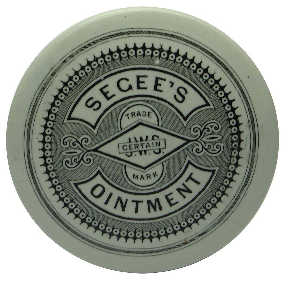Pot Lid. Segee's Ointment. Black & White. Canadian