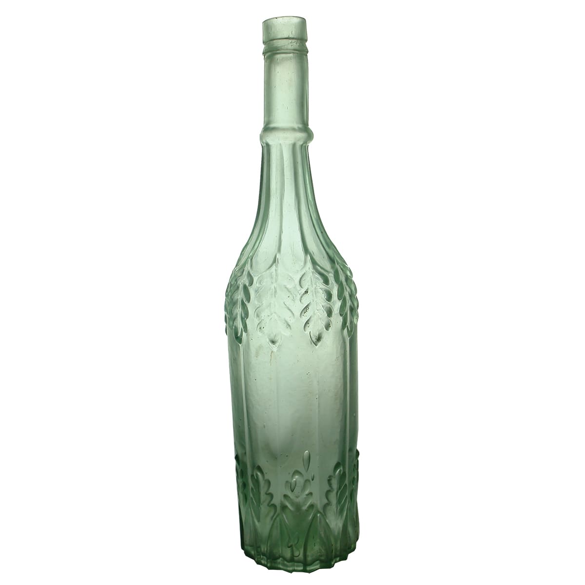 Goldfields. Robert Thin, Leaf Bottle. Aqua. 26 oz.