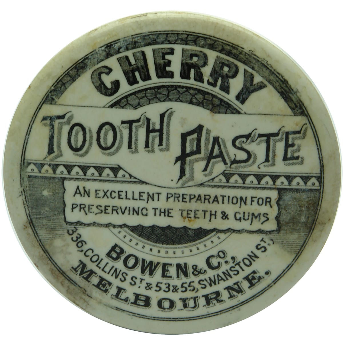 Pot Lid. Bowen, Melbourne. Cherry Tooth Paste. Round. Black & White