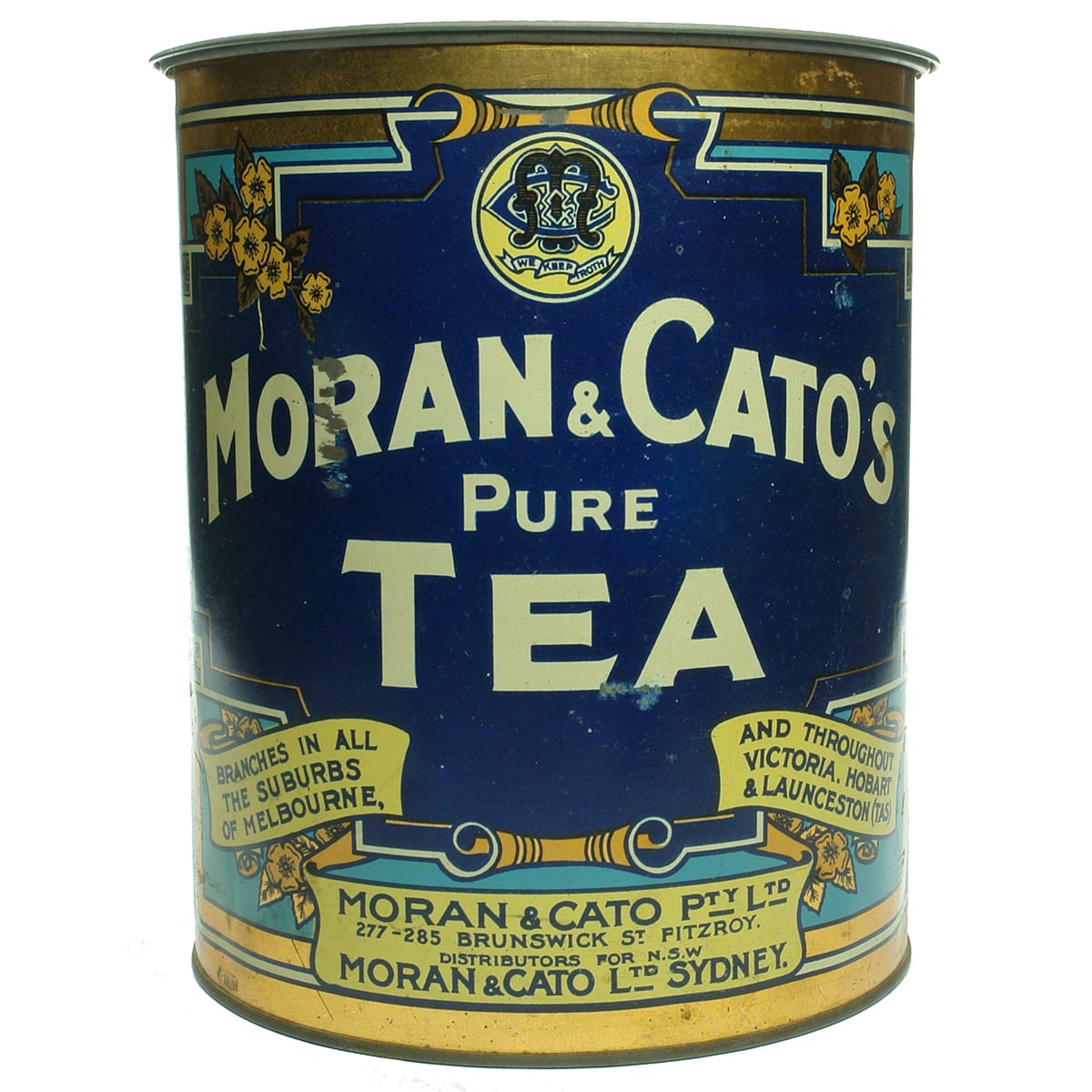 Tin. Moran & Cato's Pure Tea. Large.