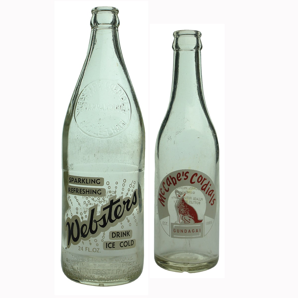Pair of Ceramic Label Crown Seals: Websters, Ardlethan, Narrandera & Griffith; McCabe's Cordials, Gundagai.