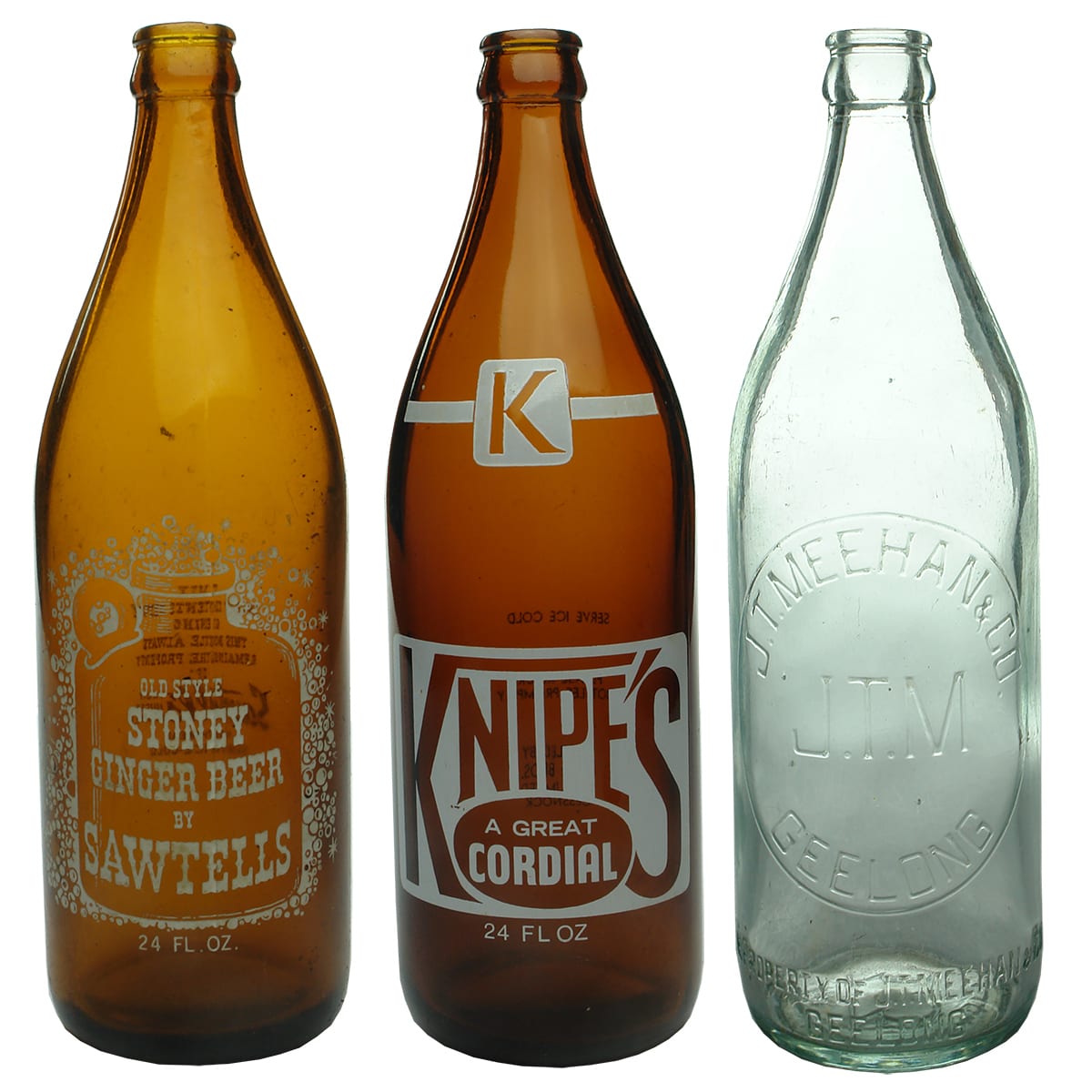 Three large Crown Seals: Sawtells Ginger Beer ceramic label; Knipe's Cessnock ceramic Label; Meehan Geelong.