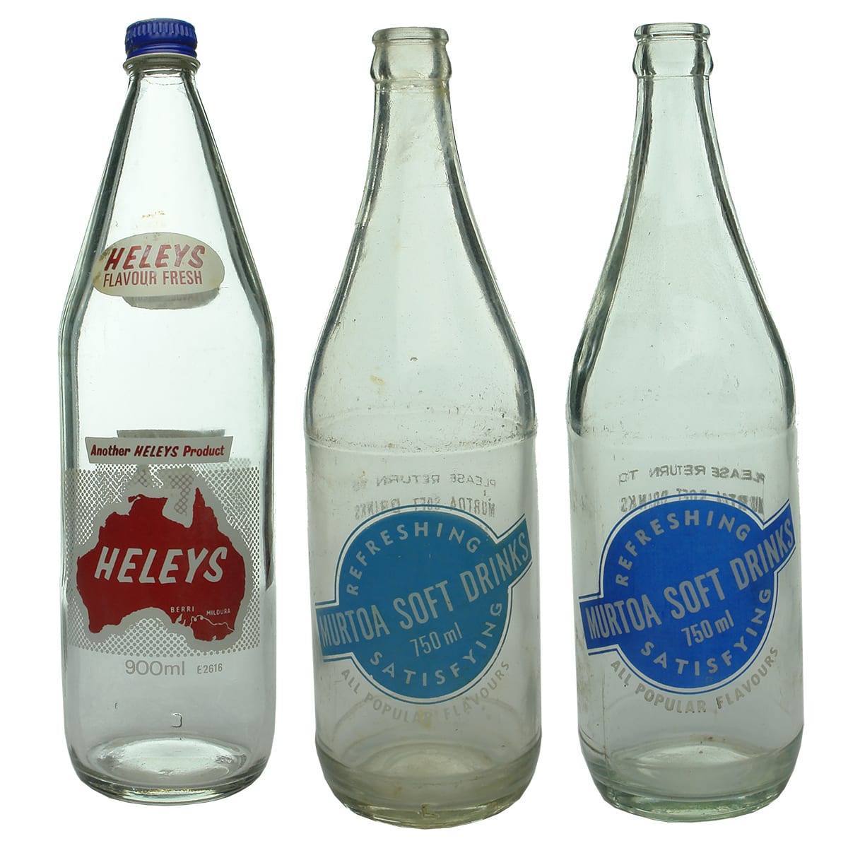 Three Ceramic Label Bottles: Heleys Mildura & Berri; Murtoa Soft Drinks x 2 (Murtoa & Horsham).